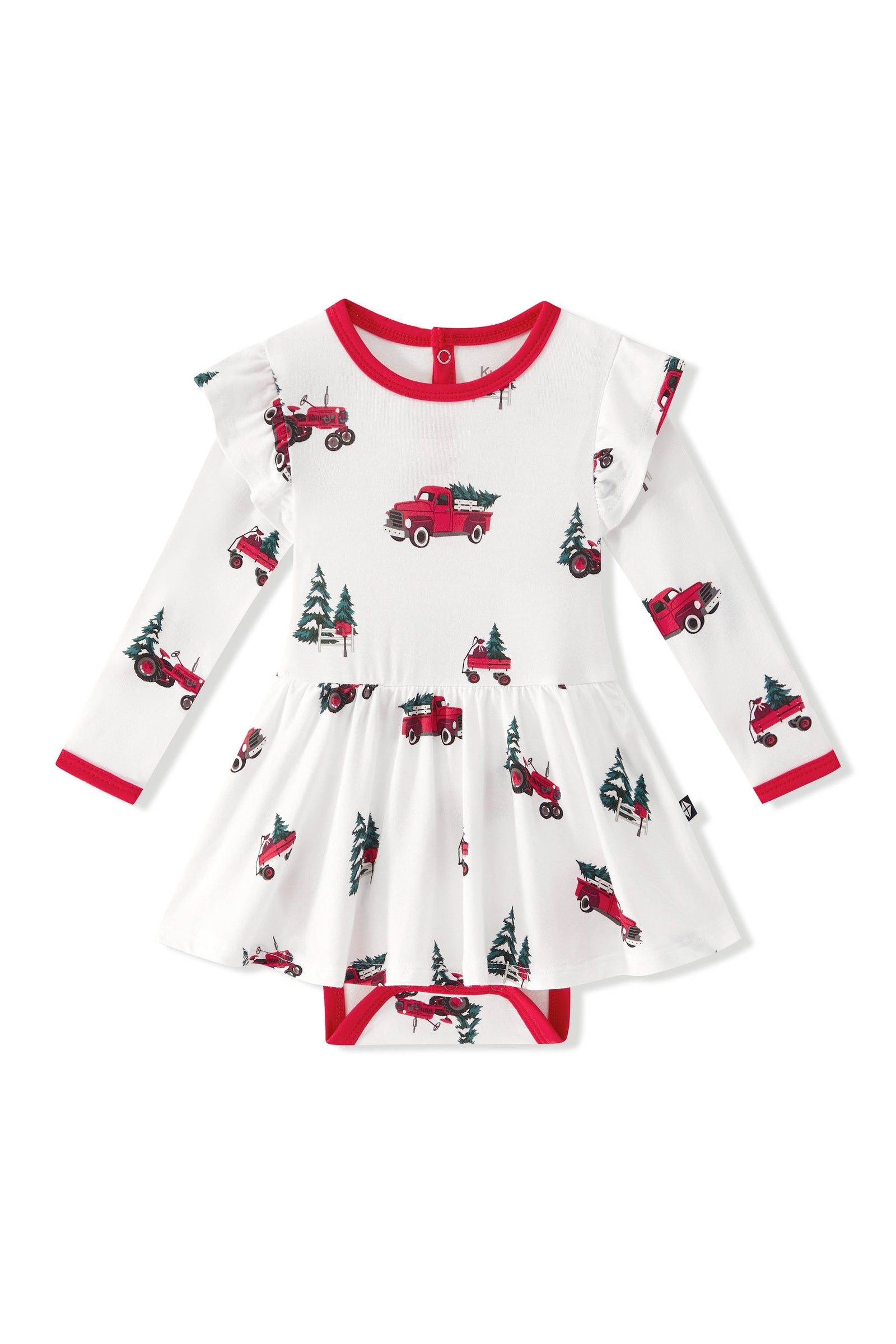 Long Sleeve Twirl Bodysuit Dress in Holiday Tree Farm - Image 2