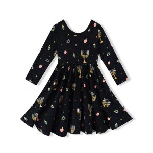 Long Sleeve Twirl Dress in Hanukkah Nights