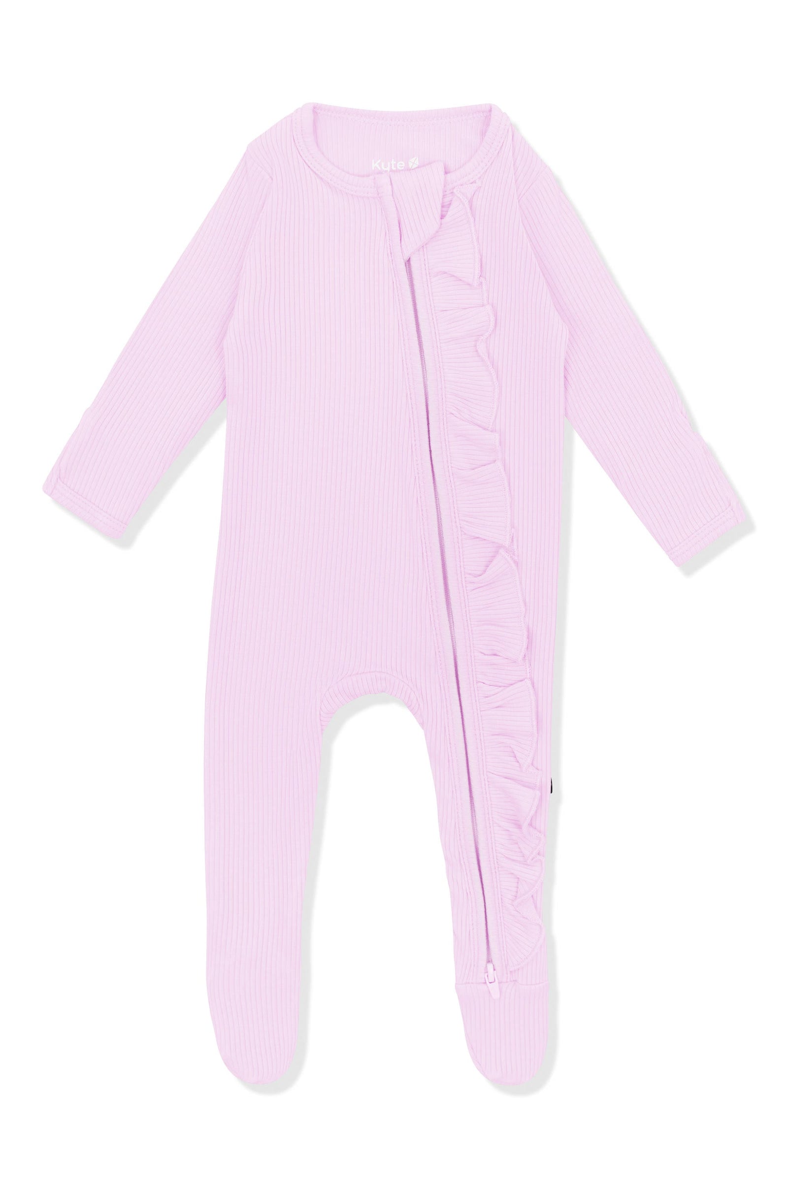 Ribbed Ruffle Zipper Footie in Thistle - Image 2
