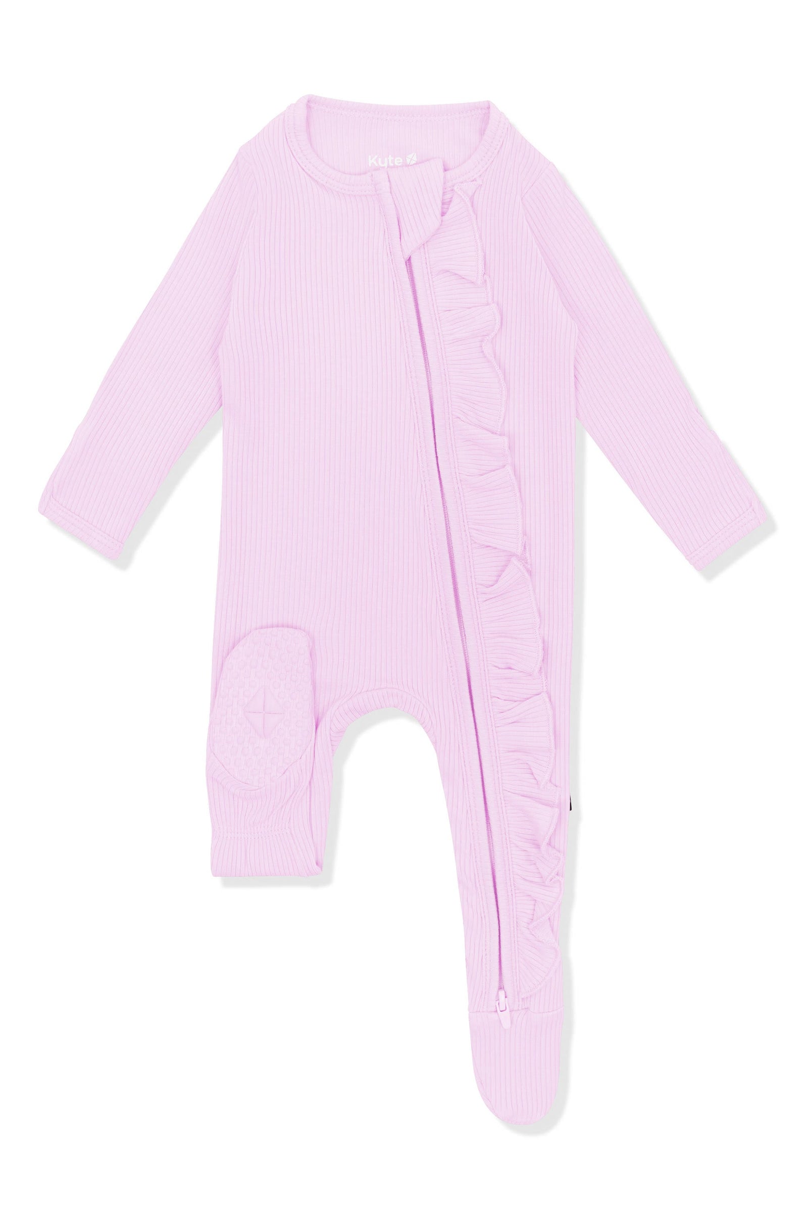 Ribbed Ruffle Zipper Footie in Thistle - Image 7