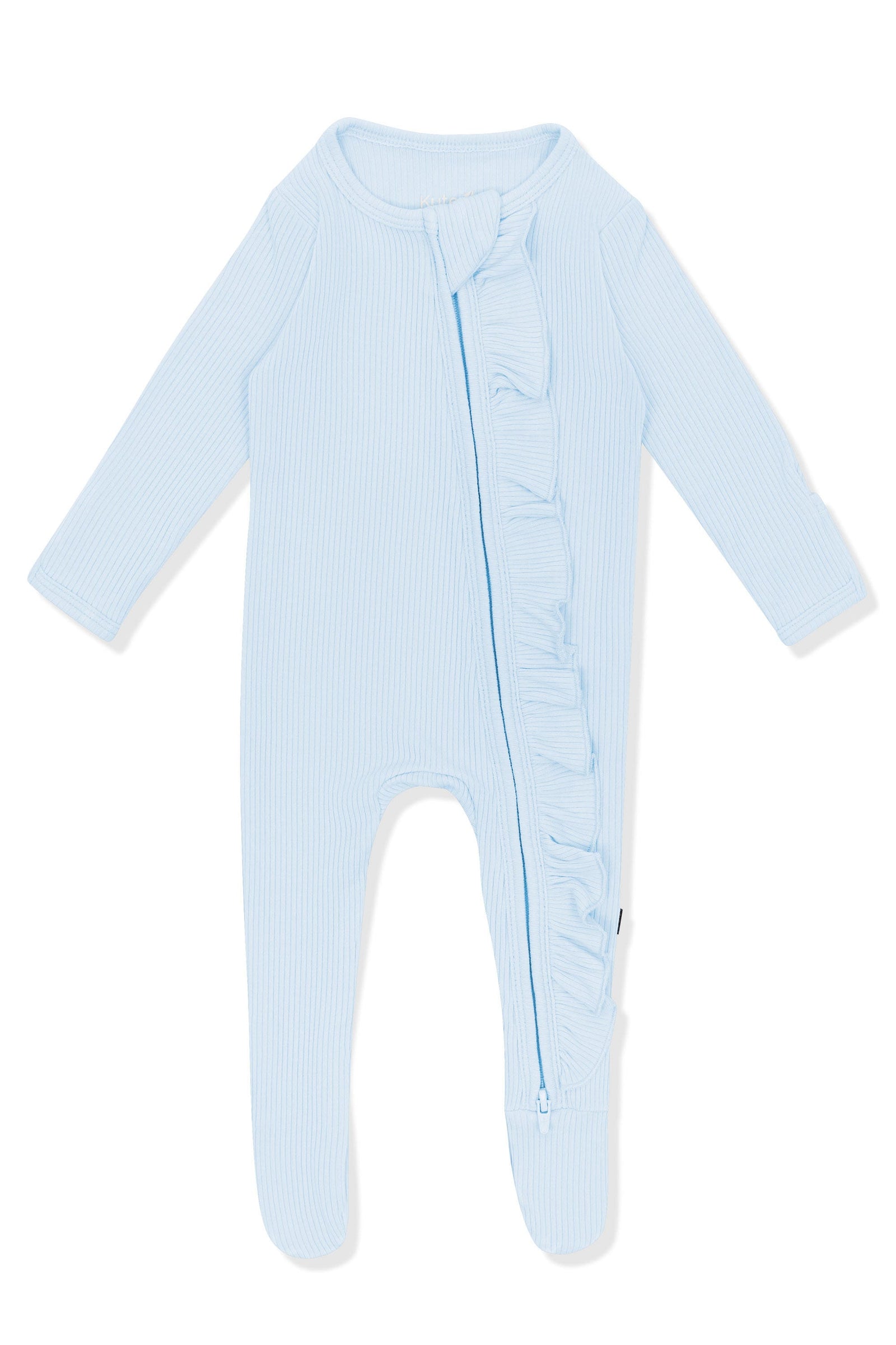 Ribbed Ruffle Zipper Footie in Breeze - Image 2