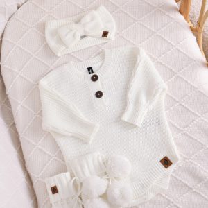 Chunky Knit Romper Set with Bow & Booties in Cloud