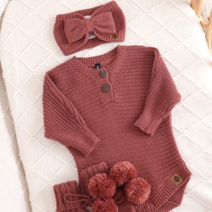 Chunky Knit Romper Set with Bow & Booties in Ember