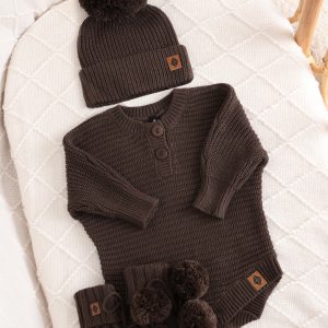 Chunky Knit Romper Set with Beanie & Booties in Espresso