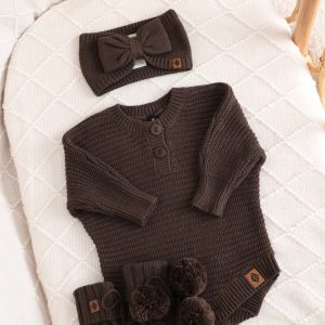 Chunky Knit Romper Set with Bow & Booties in Espresso