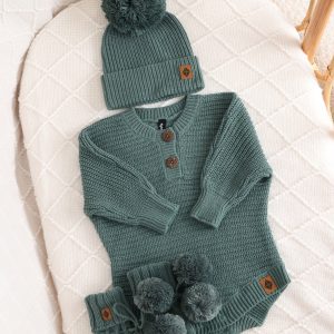 Chunky Knit Romper Set with Beanie & Booties in Pine