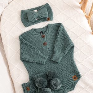 Chunky Knit Romper Set with Bow & Booties in Pine