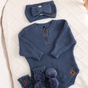 Chunky Knit Romper Set with Bow & Booties in Oxford