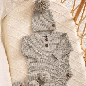 Chunky Knit Romper Set with Beanie & Booties in Almond