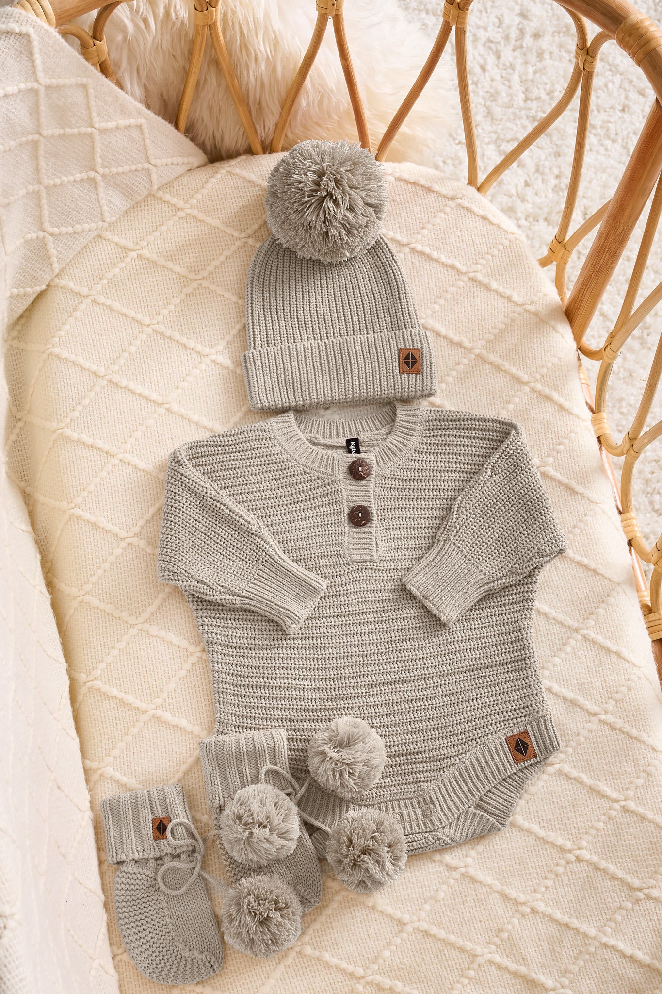Chunky Knit Romper Set with Beanie & Booties in Almond