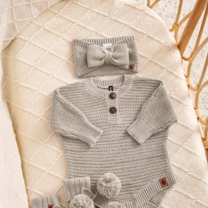Chunky Knit Romper Set with Bow & Booties in Almond