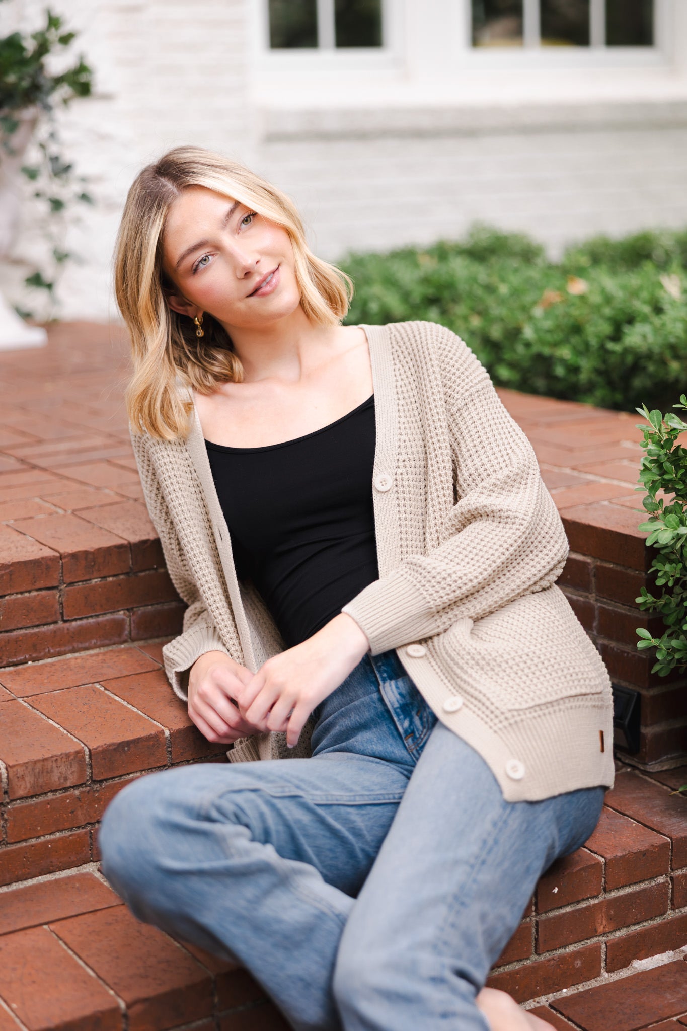 Chunky Knit Women's Waffle Cardigan in Almond - Image 3