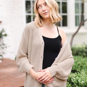 Chunky Knit Women's Waffle Cardigan in Almond