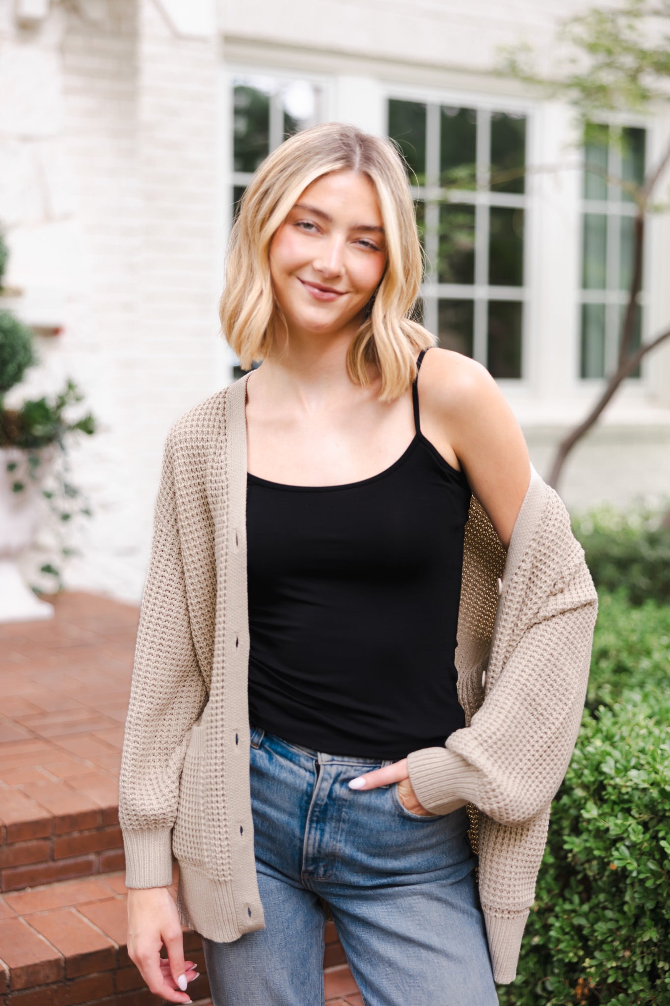 Chunky Knit Women's Waffle Cardigan in Almond - Image 5