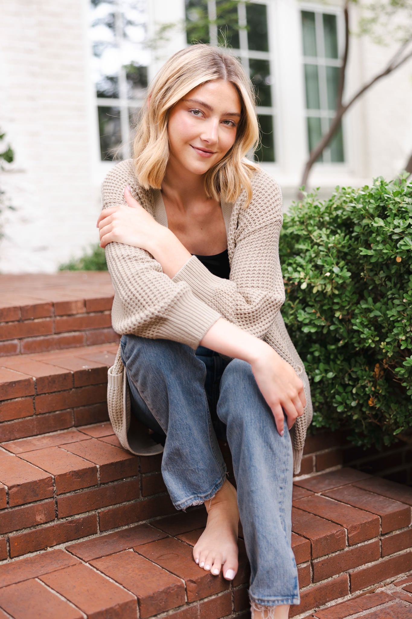 Chunky Knit Women's Waffle Cardigan in Almond - Image 6