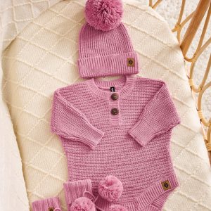 Chunky Knit Romper Set with Beanie & Booties in Apple Blossom
