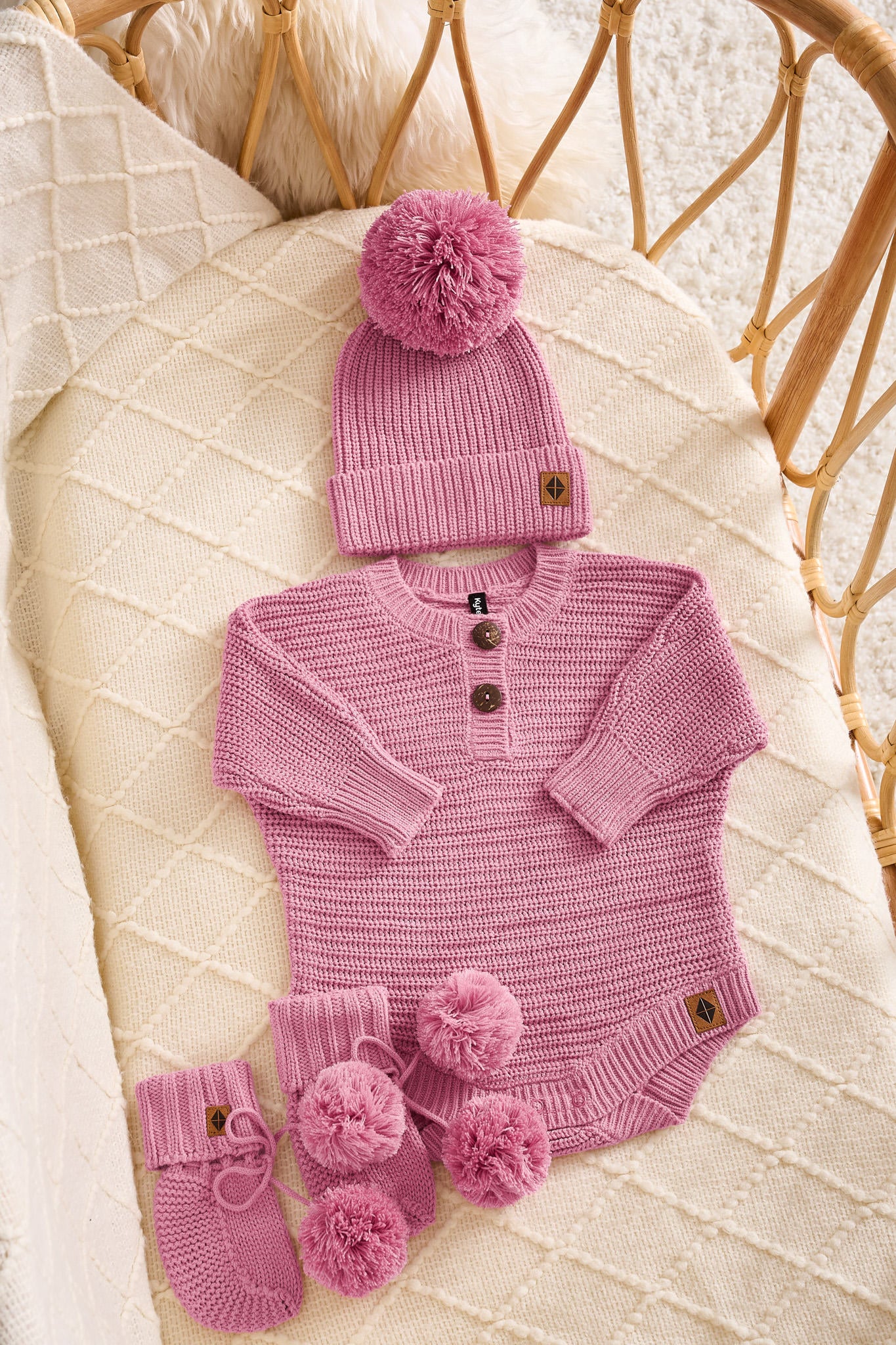 Chunky Knit Romper Set with Beanie & Booties in Apple Blossom