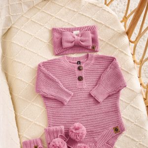 Chunky Knit Romper Set with Bow & Booties in Apple Blossom