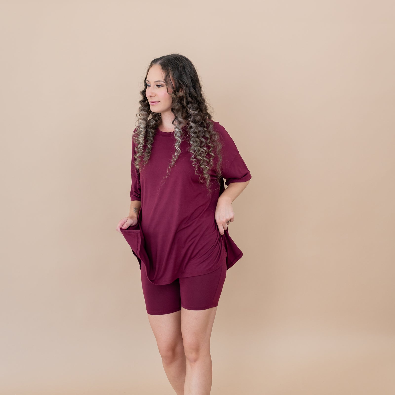 Women’s Biker Short Set in Burgundy - Image 3