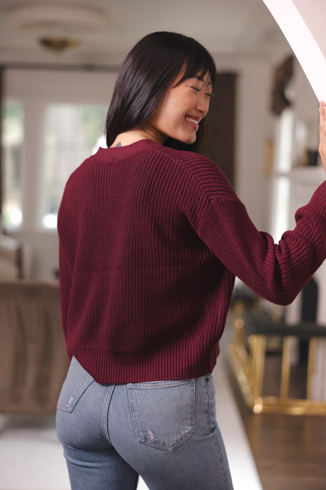 Chunky Knit Women's Cropped Cardigan in Burgundy - Image 3