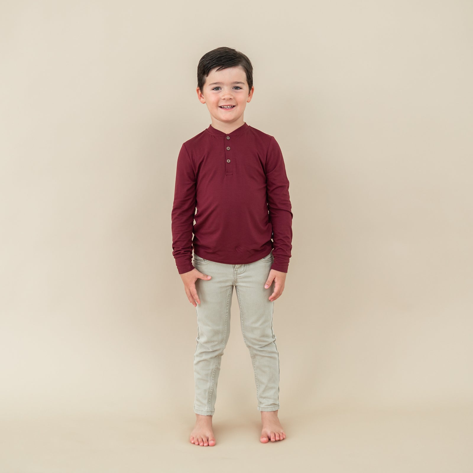 Long Sleeve Toddler Henley Tee in Burgundy