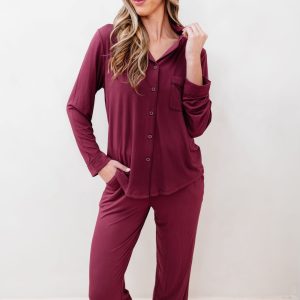 Long-Sleeved Women's Pajama Set in Burgundy with Burgundy Trim