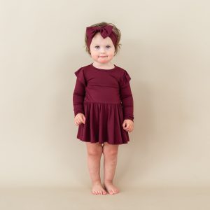 Long Sleeve Twirl Bodysuit Dress in Burgundy