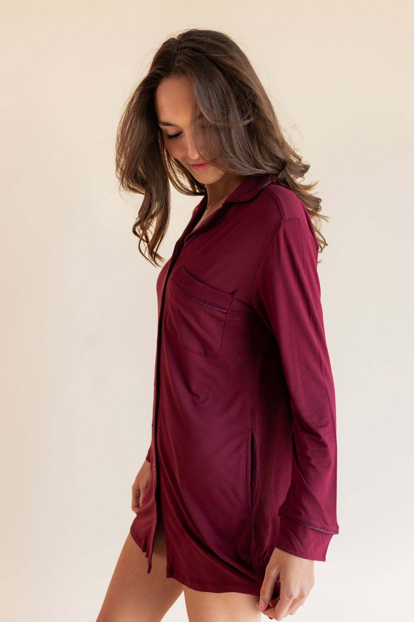 Long Sleeve Women’s Nightshirt in Burgundy - Image 3