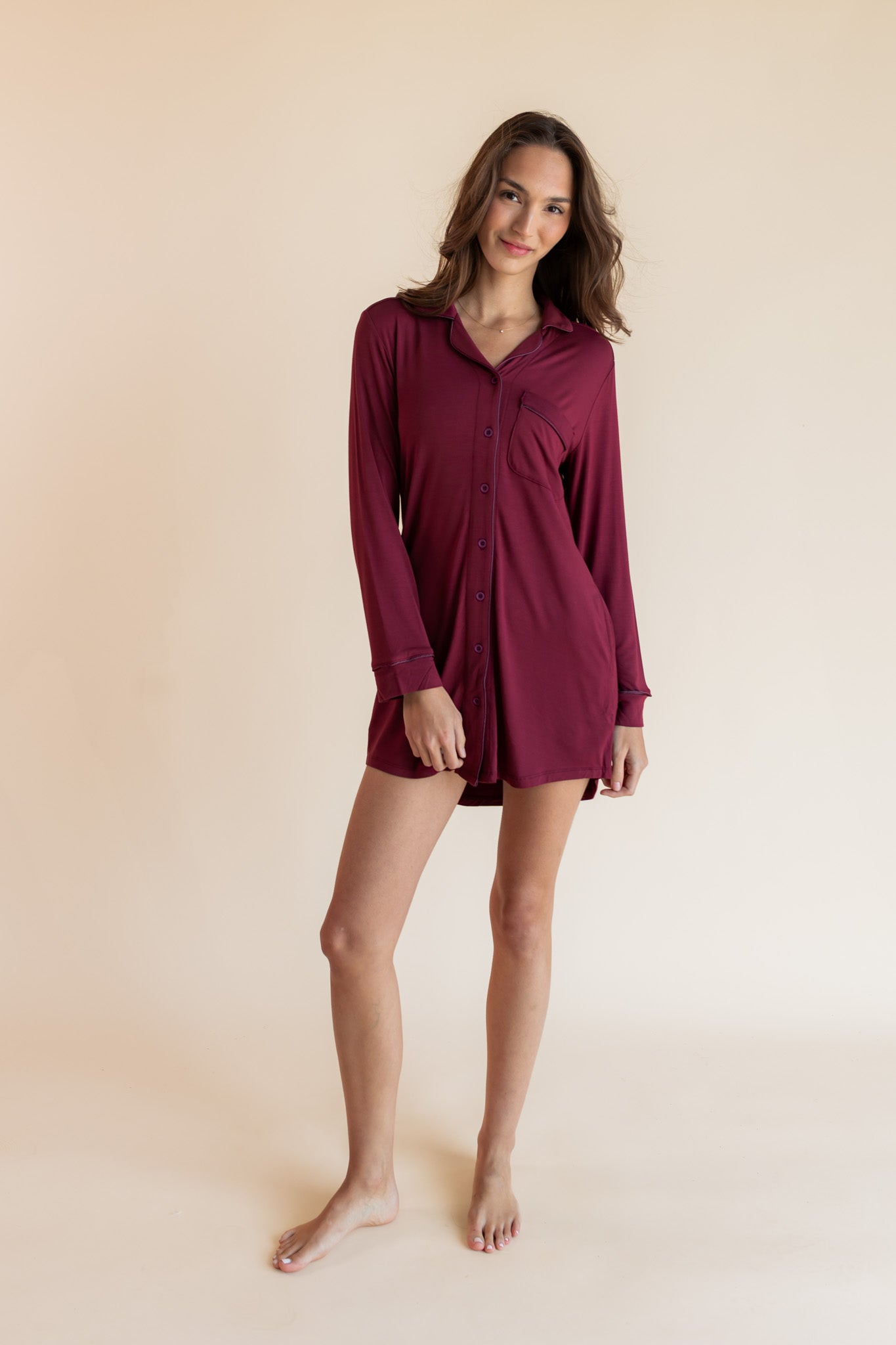 Long Sleeve Women’s Nightshirt in Burgundy - Image 2