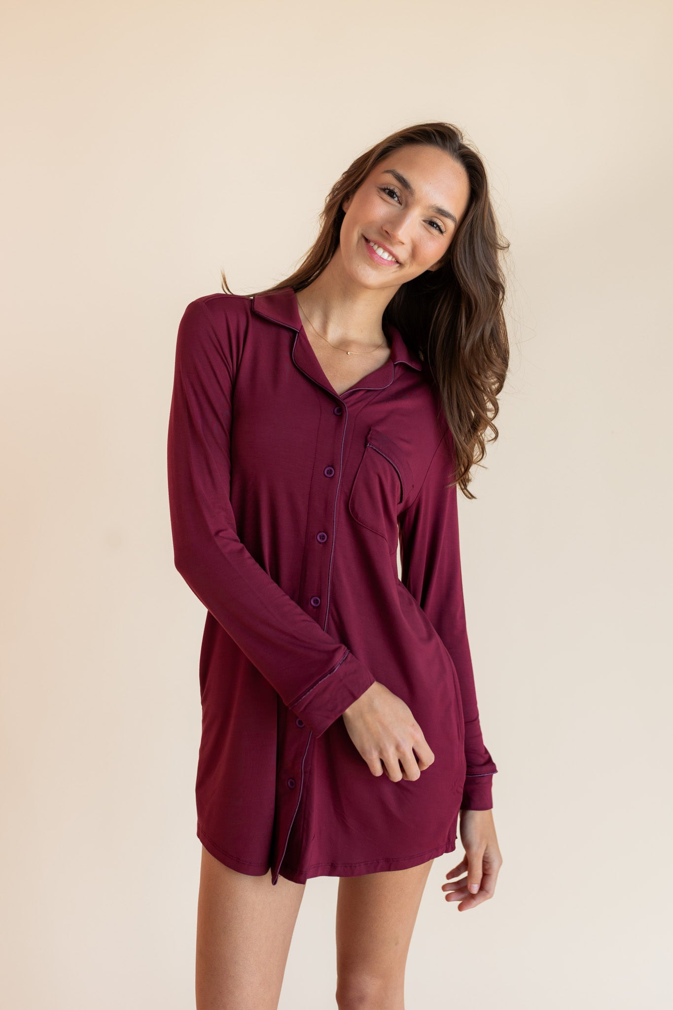 Long Sleeve Women’s Nightshirt in Burgundy - Image 4