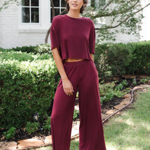 Women's Wide Leg Pant Set in Burgundy