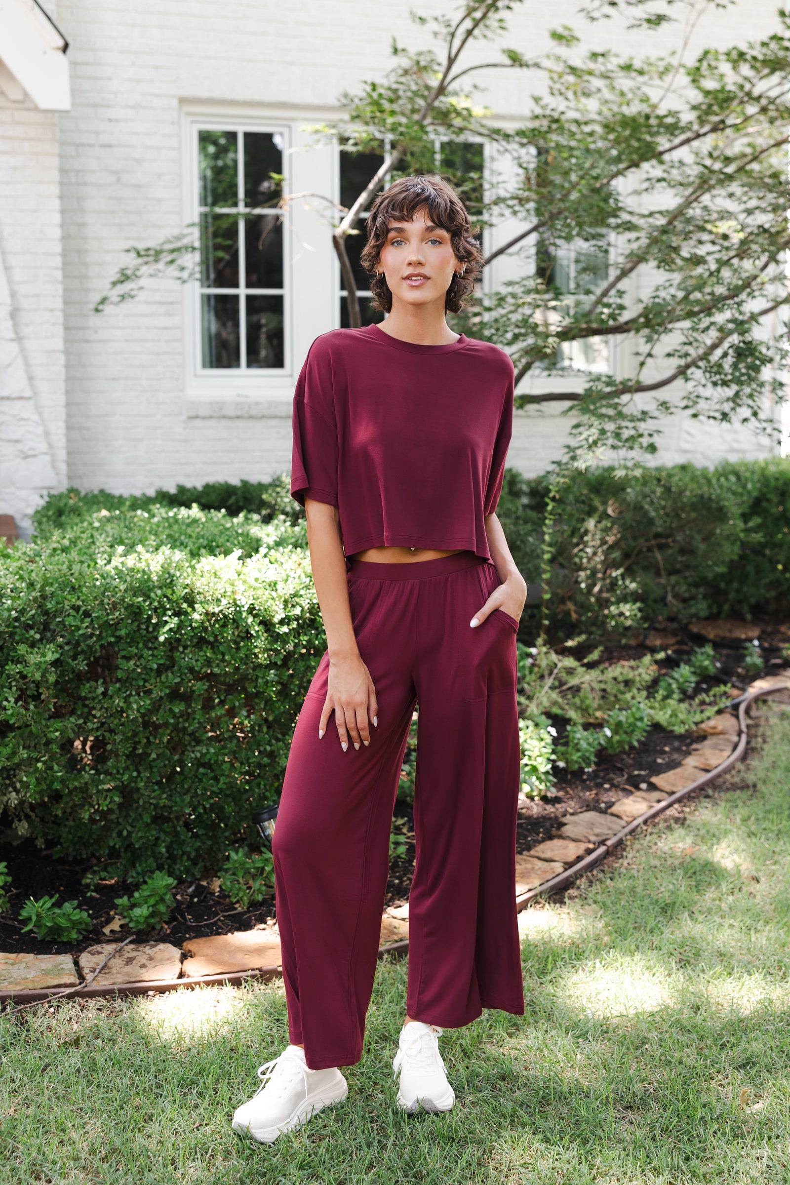 Women's Wide Leg Pant in Burgundy - Image 3