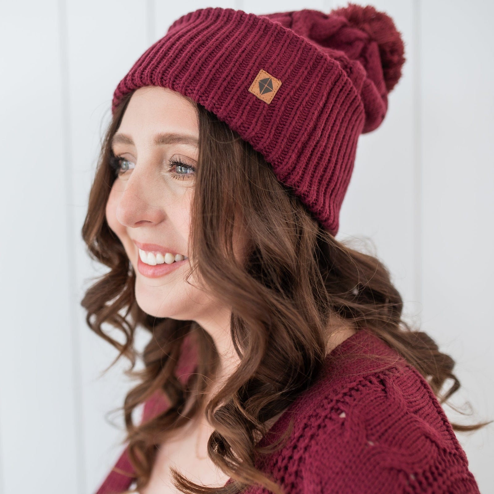 Cable Knit Adult Pom Beanie in Burgundy - Image 3