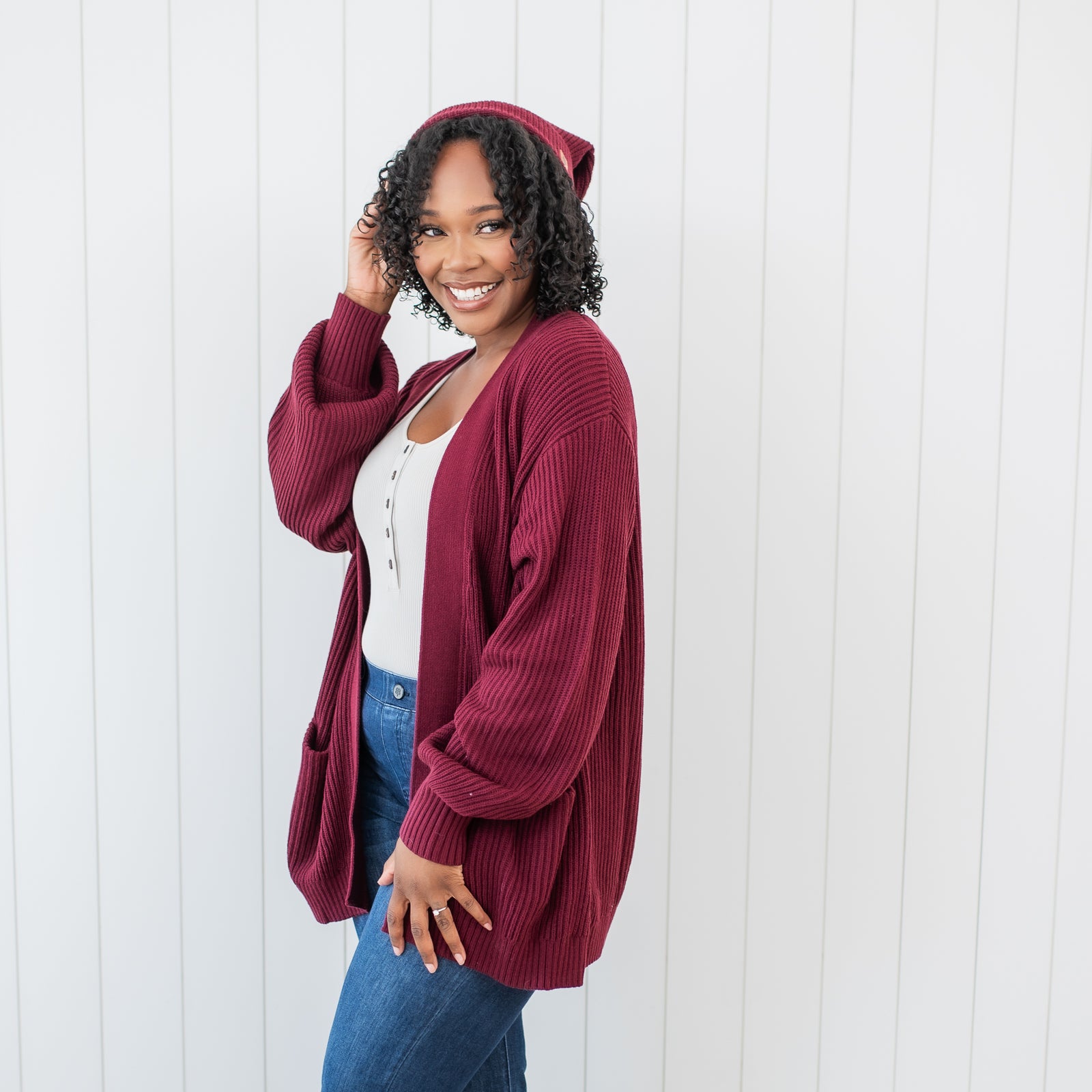Chunky Knit Women's Oversized Cardigan in Burgundy - Image 4