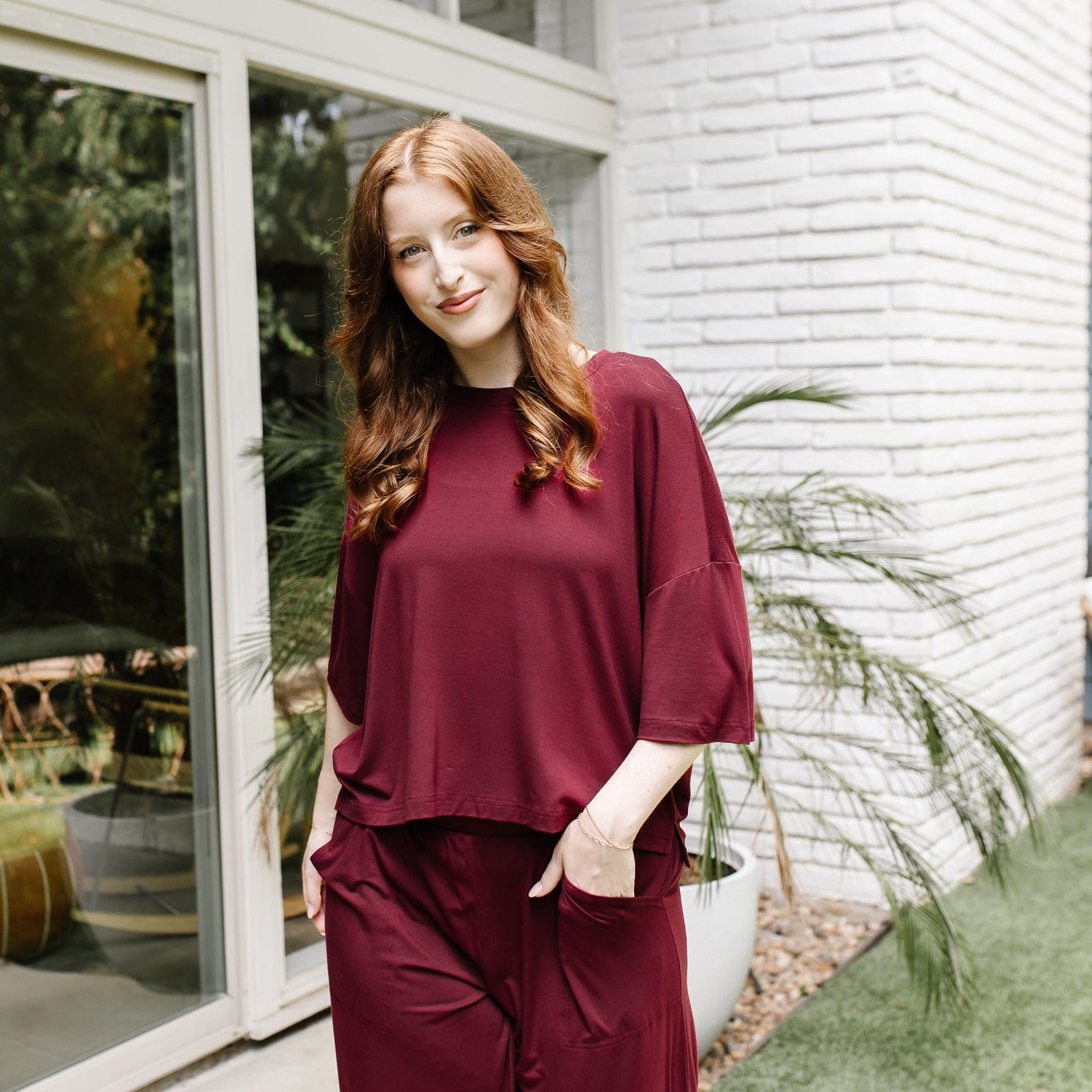 Women's Short Sleeve Boxy Tee in Burgundy - Image 3