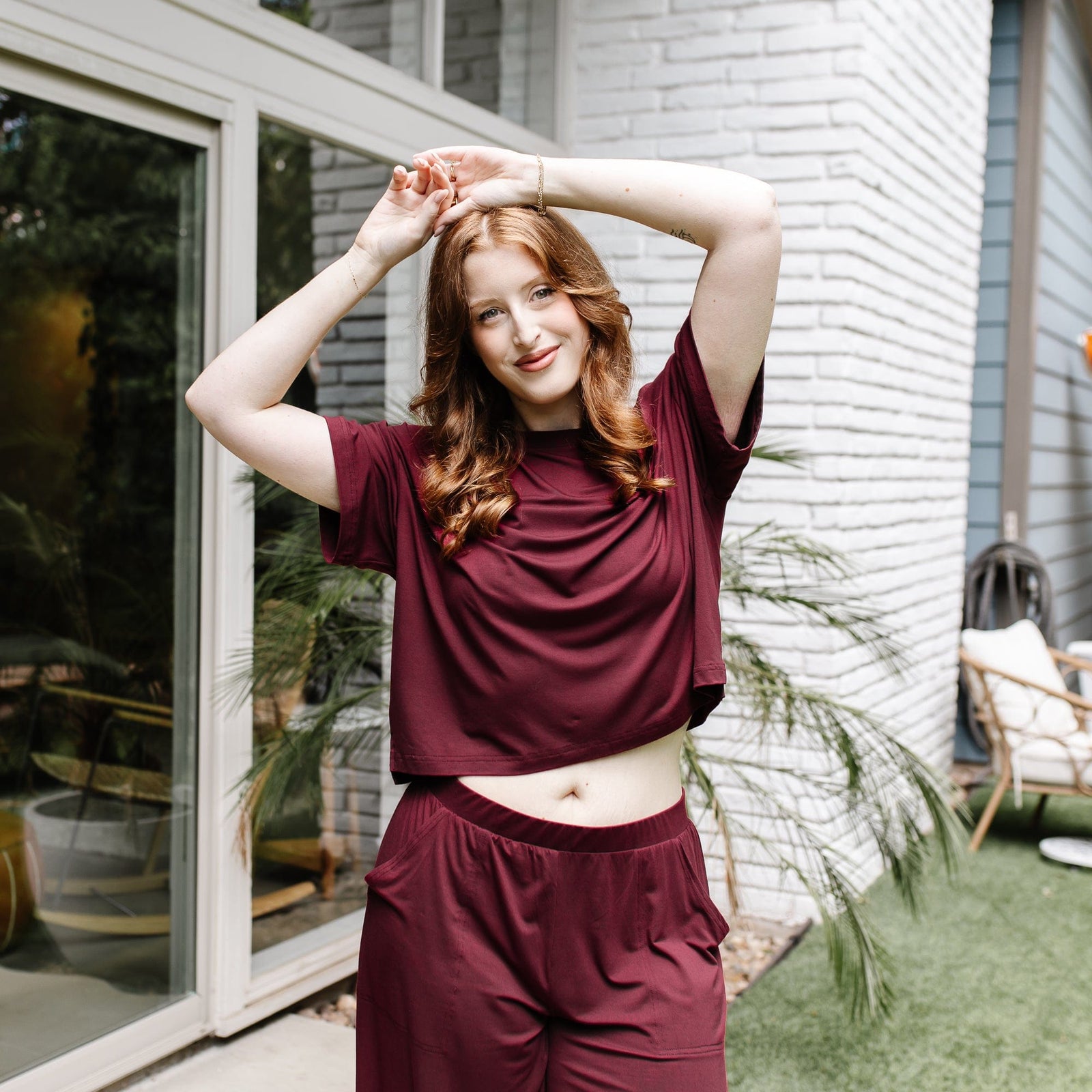 Women's Short Sleeve Boxy Tee in Burgundy - Image 4