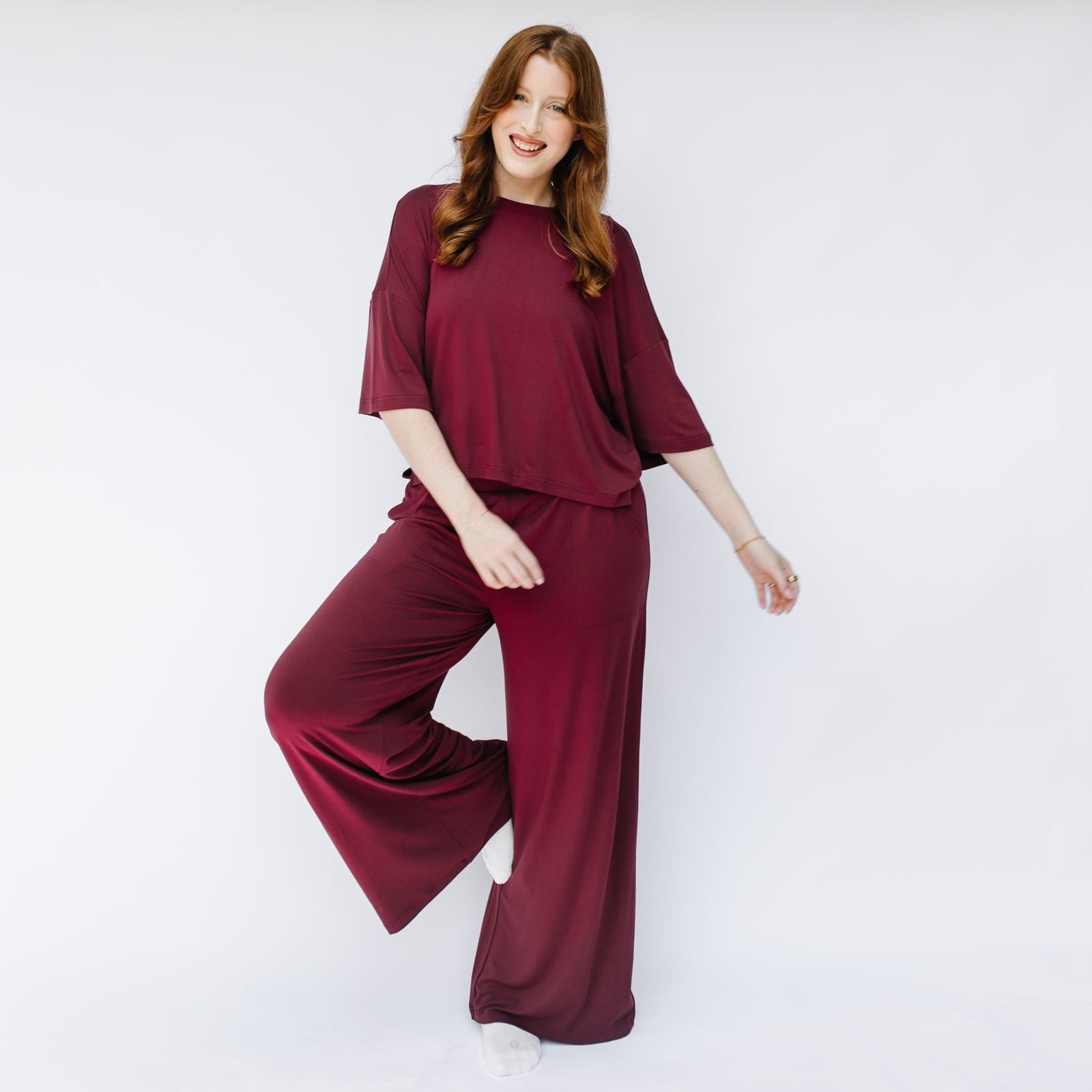 Women's Short Sleeve Boxy Tee in Burgundy - Image 2