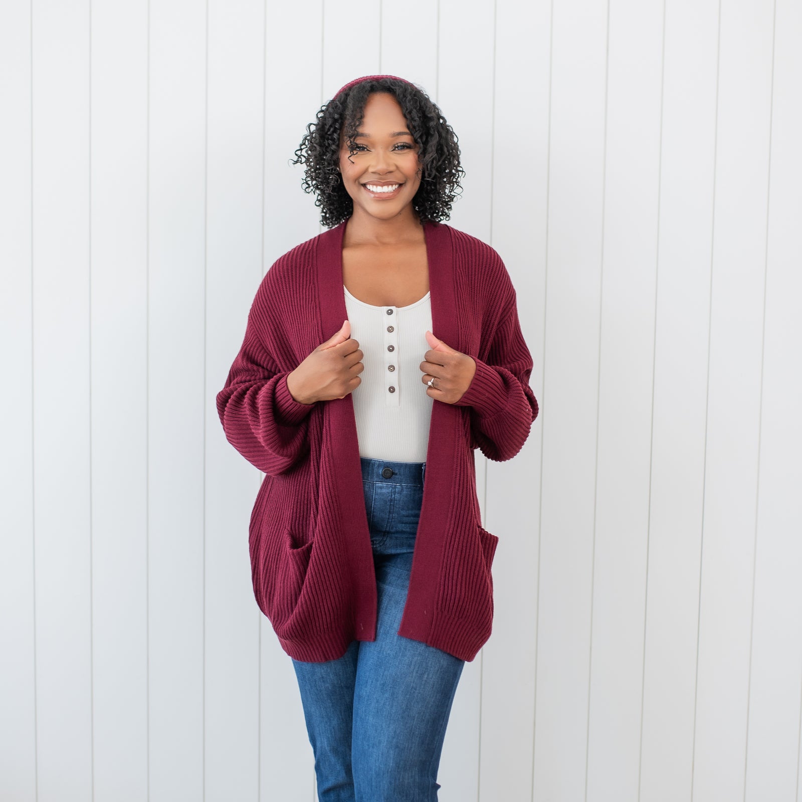 Chunky Knit Women's Oversized Cardigan in Burgundy