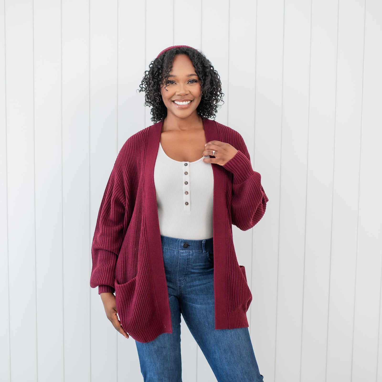 Chunky Knit Women's Oversized Cardigan in Burgundy - Image 3