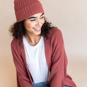 Chunky Knit Adult Ribbed Beanie in Ember