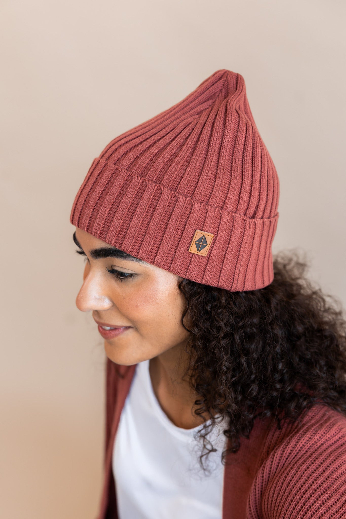 Chunky Knit Adult Ribbed Beanie in Ember - Image 2