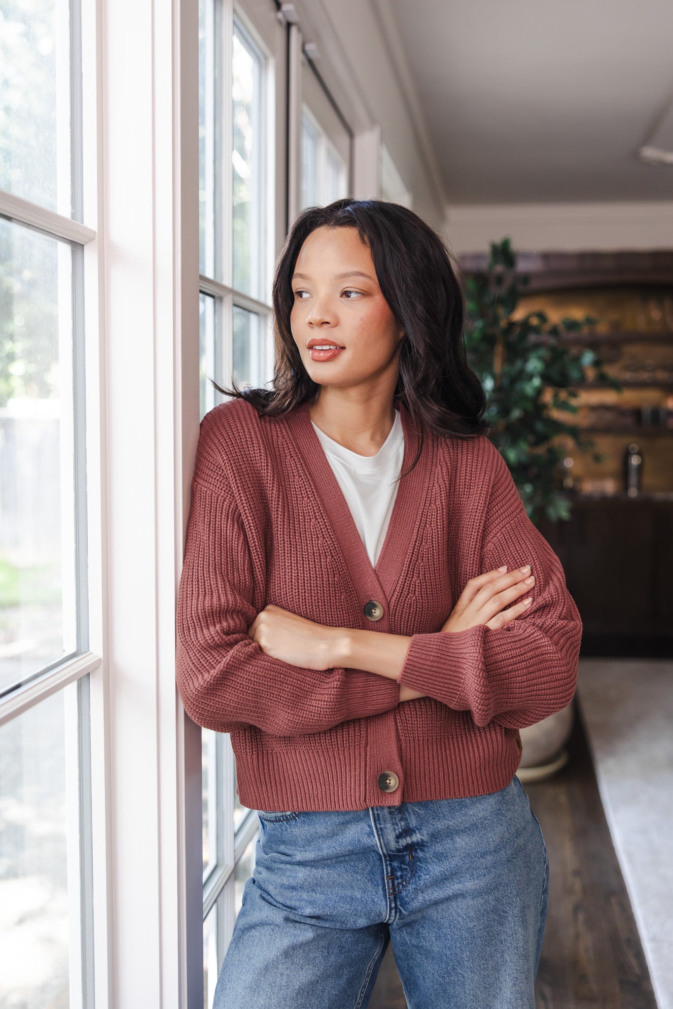 Chunky Knit Women's Cropped Cardigan In Ember - Image 3