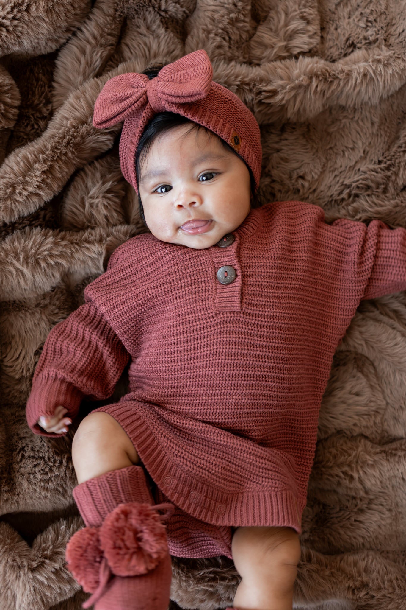 Chunky Knit Romper Set with Bow & Booties in Ember - Image 2