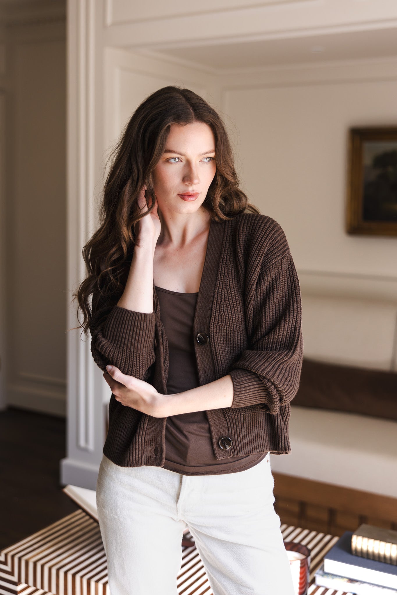 Chunky Knit Women's Cropped Cardigan in Espresso - Image 4