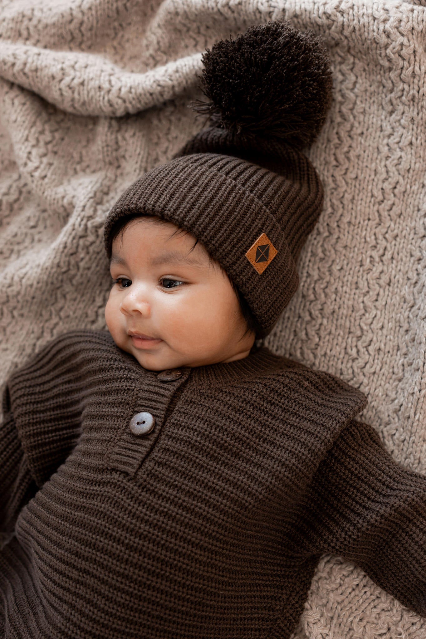 Chunky Knit Pom Beanie in Espresso - Image 4