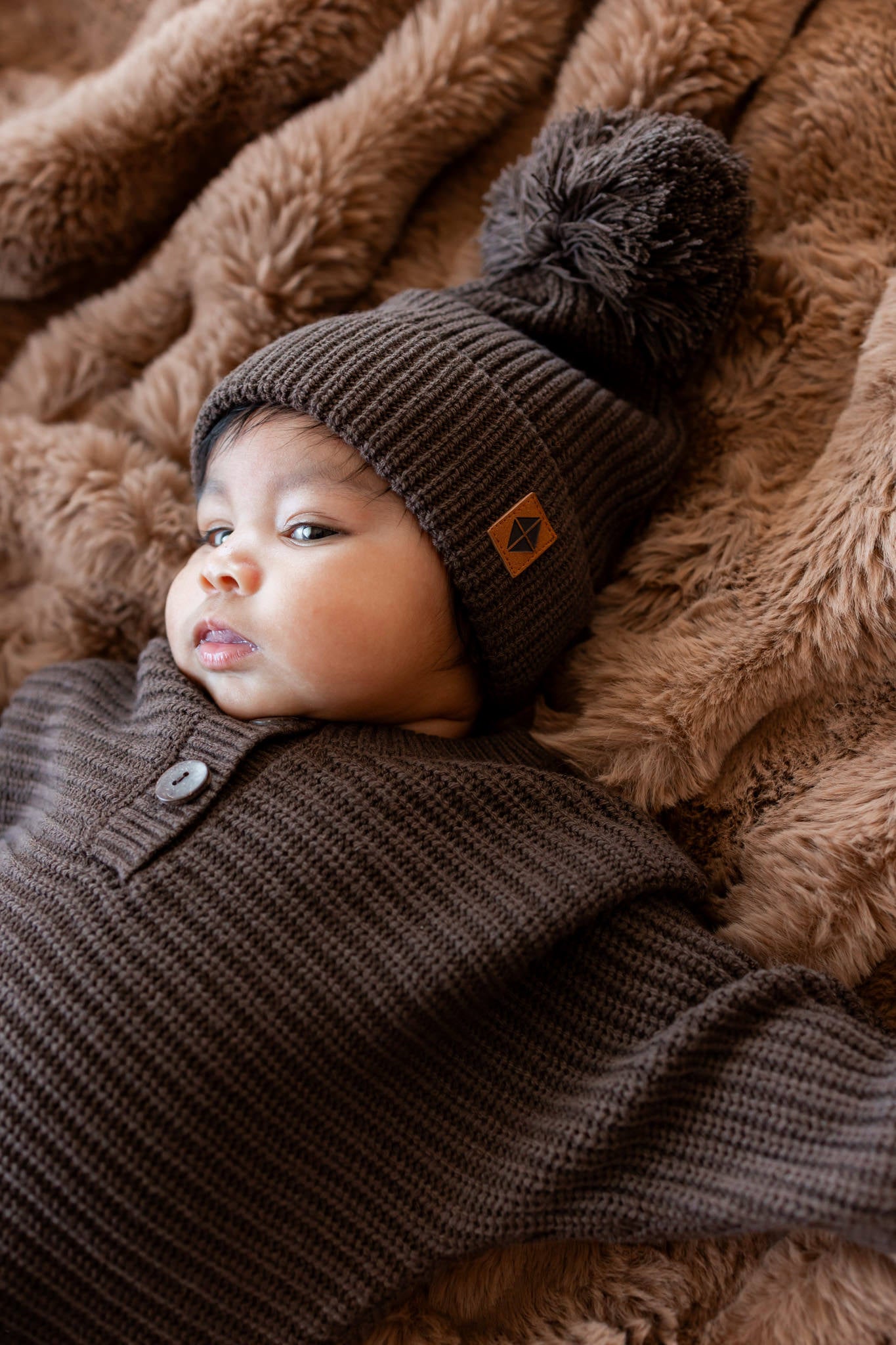 Chunky Knit Pom Beanie in Espresso - Image 3