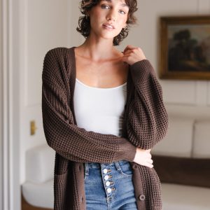 Chunky Knit Women's Waffle Cardigan in Espresso