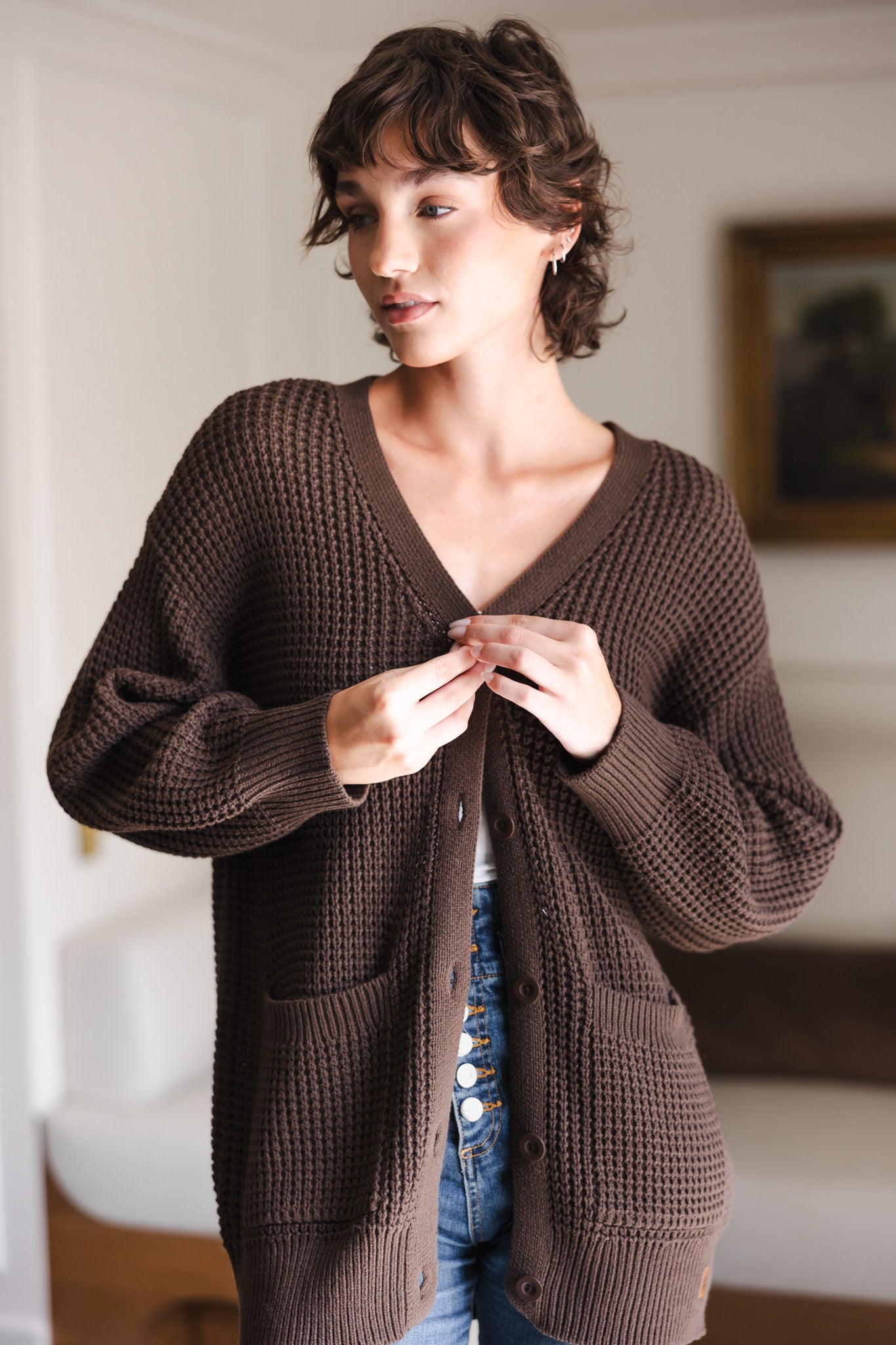 Chunky Knit Women's Waffle Cardigan in Espresso - Image 2