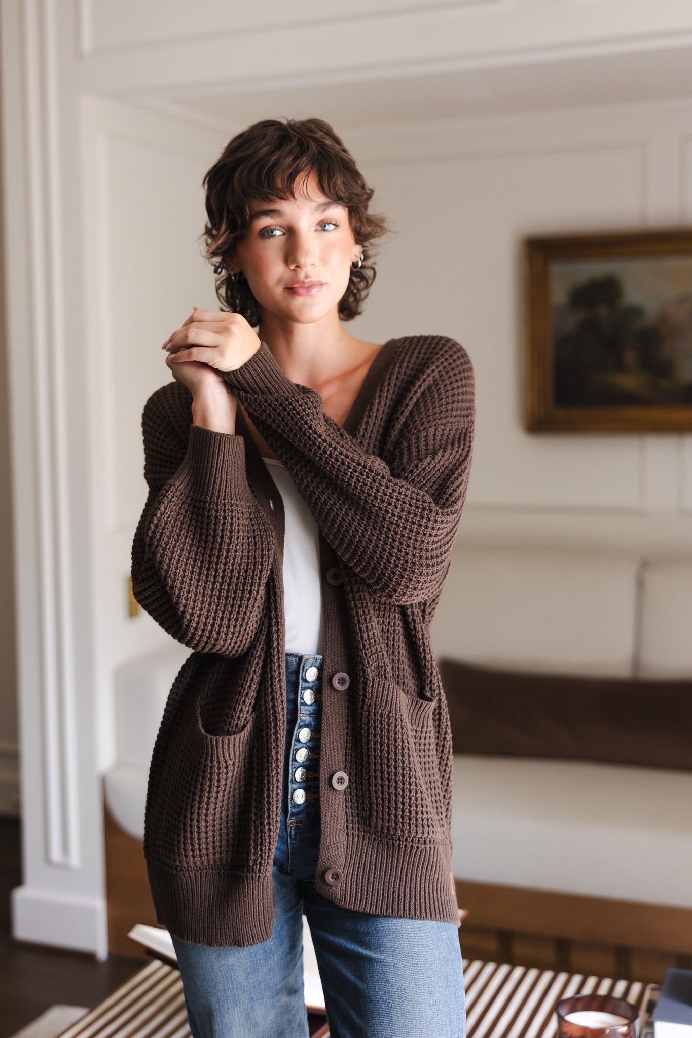 Chunky Knit Women's Waffle Cardigan in Espresso - Image 3