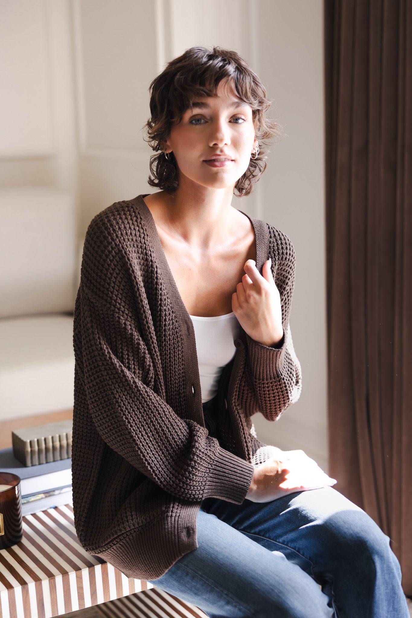 Chunky Knit Women's Waffle Cardigan in Espresso - Image 4